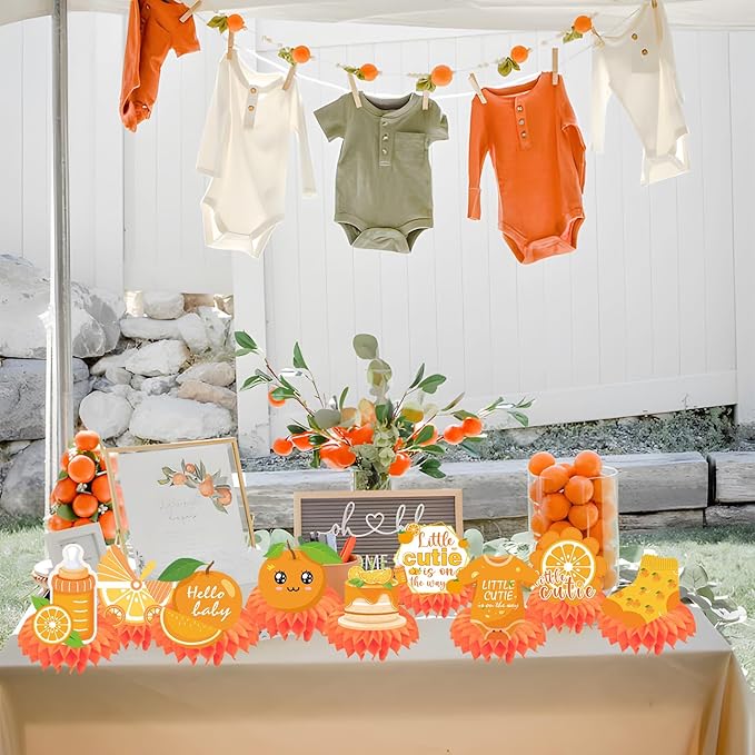 Little Cutie Baby Shower Decorations, 9PCS Cute Orange Party Table Decorations, A Little Cutie Is on the Way Baby Shower Decor Supplies