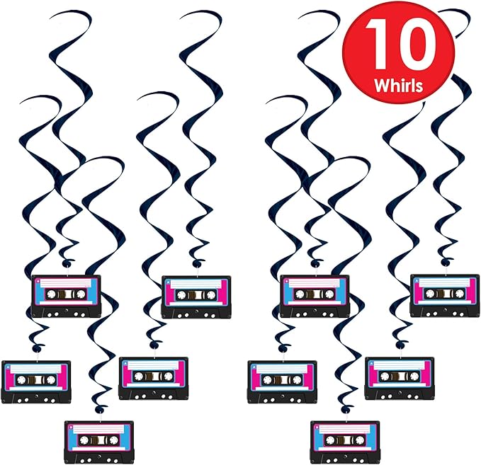 Beistle 10 Piece 80's Theme Cassette Tape Swirls, 1980's Retro Hanging Whirl Decorations