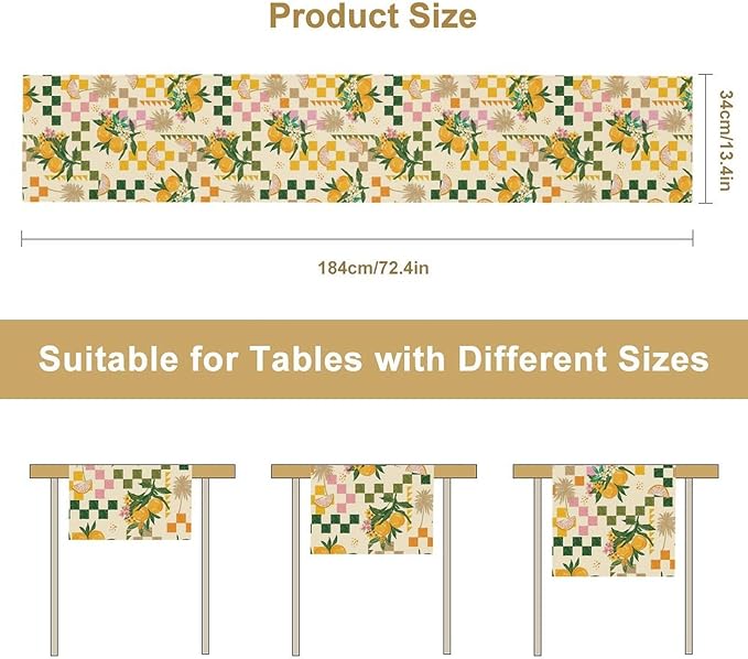 Tropical Summer Fruit Table Runner, Orange Square Grid Lemon Beach Ocean Table Runner for Kitchen Dining Party Holiday Home 13x90in