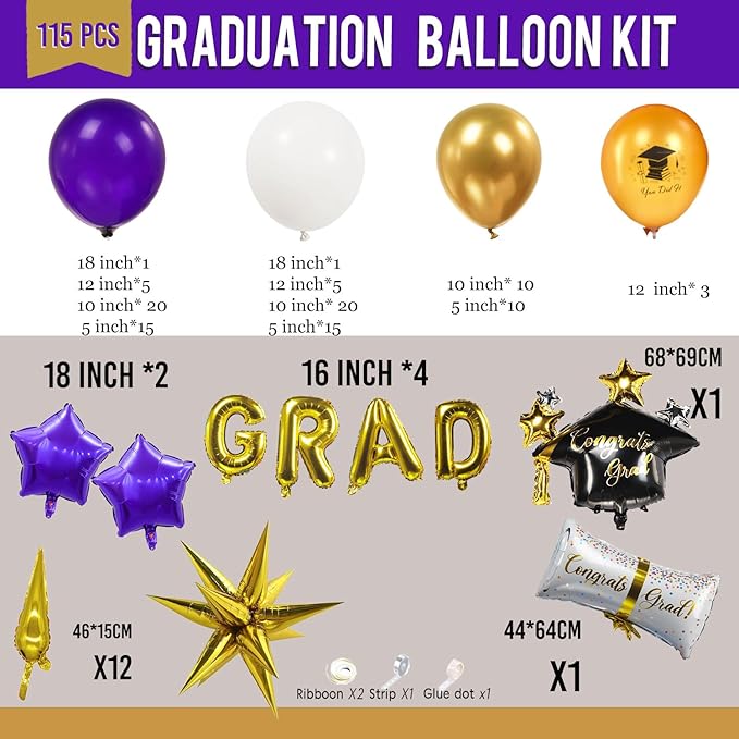 2026 Graduation Decorations Purple Gold White - 115Pcs Balloon Arch Kit with Certificate & Star Foil Balloons, Class of 2026 Graduation Party Supplies for College, High School Grad Prom Decor
