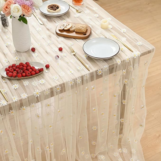 Horaldaily Champagne Embroidery Daisy Spring Summer Gauze Tablecloth 60×84 Inch Rectangular, Seasonal Tulle Table Cover, Garden Party Decorations for Wedding, Party, Holiday Dining
