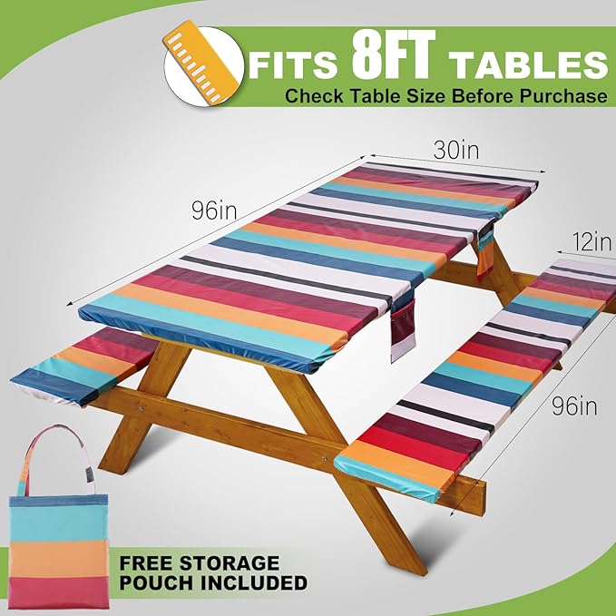 Fitted Picnic Table Cover with Bench Covers Waterproof Elastic Edges Rectangle Patio Tablecloth Outdoor Camping Essentials Stuff Rv Accessories Summer Trip Travel Supplies Party Camper Gifts, 8 ft