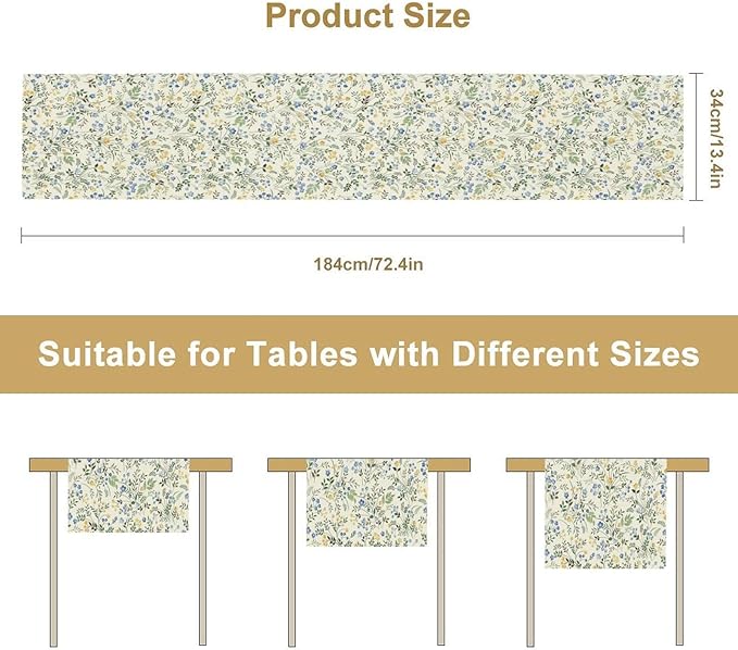 Rustic Flower Table Runner, Spring Sage Green Eucalyptus Leaves Watercolor Floral Flower Plant Leaves Print Table Cover for Dinning Holiday Home Picnic Party Decor, 13x36inch