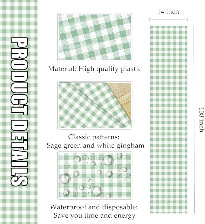 6 Pcs Sage Green and White Checkered Table Runner Plastic 14 x 108 Disposable Sage Green Gingham Table Runner for Birthday Wedding Baby Shower Party Table Centerpiece Decorations