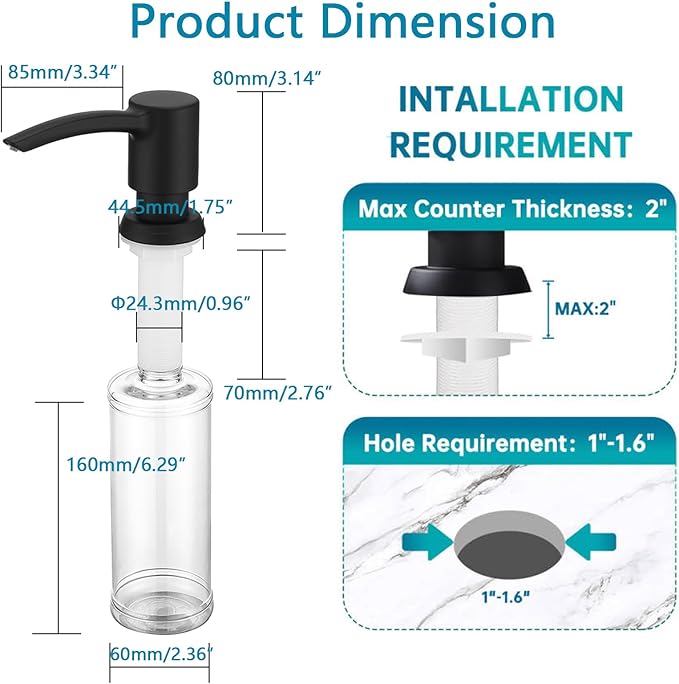 Kitchen Sink Soap Dispenser Matte Black, Built in Soap Dispenser Kitchen Countertop, ABS Pump Head with Refillable Bottle, Under Counter Dish Soap Hand Lotion Dispenser