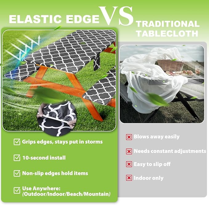 Fitted Picnic Table Cover with Bench Covers Waterproof Elastic Edges Rectangle Patio Tablecloth Outdoor Camping Essentials Stuff Rv Accessories Summer Trip Travel Supplies Party Camper Gifts, 8 ft
