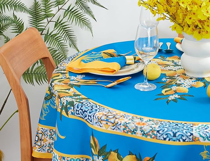 YiHomer Provence Blue Lemon Mediterranean Tile Tabletop for Spring Summer Decorations, Picnics and Dinner Parties - Indoor Outdoor, Stain and Water Resistant, Tablecloth, 70" Round