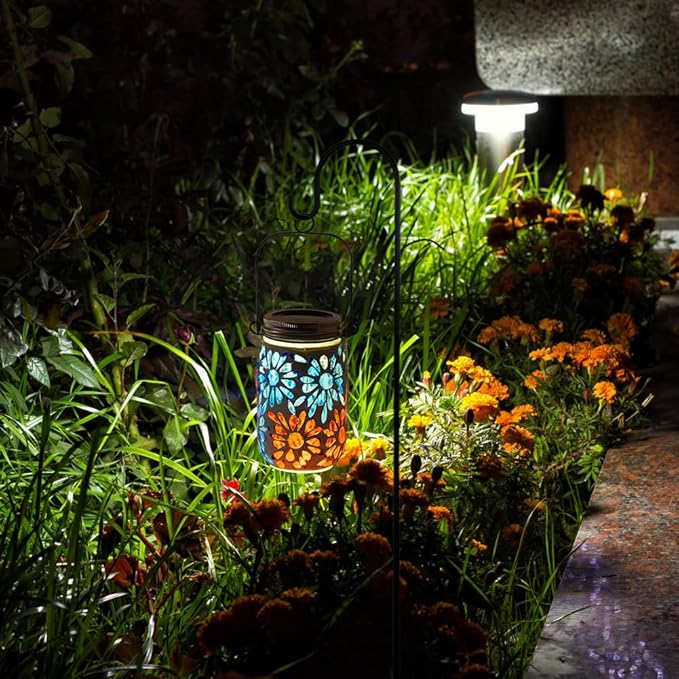 Starsoul 2 Pack Solar Lanterns Outdoor Waterproof, Mosaic Flowers Glass Solar Hanging Outdoor Lights, Decorative Solar Lantern for Outside Pathway Patio Porch Yard Decor