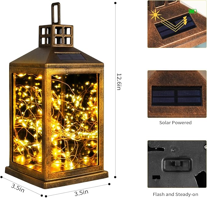 Solar Lantern Outdoor, Garden Hanging Lantern Solar Powered - Glass Waterproof Brushed Copper Solar Table Lantern Decorative Lights Flash and Steady-on Modes for Patio, Backyard, Garden