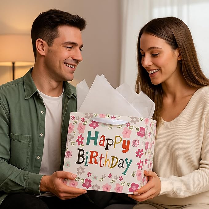 Febbleshow Pink Floral Birthday Gift Bags with Tissue Paper for Women Girls Kids - Colorful Letter Design with Pink Flowers Gift Bag - 13"x10.3"x4.7" (Pack of 2)