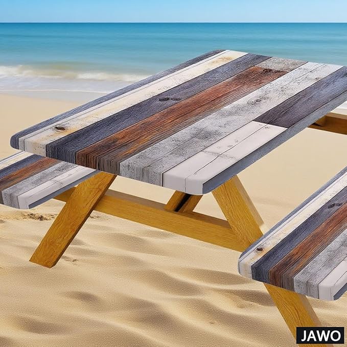 Picnic Table Cover with Bench Covers Rustic Farmhouse Waterproof Windproof Fitted Outdoor Patio Camping Rectangle Tablecloth 96x30 Inch Elastic Edges
