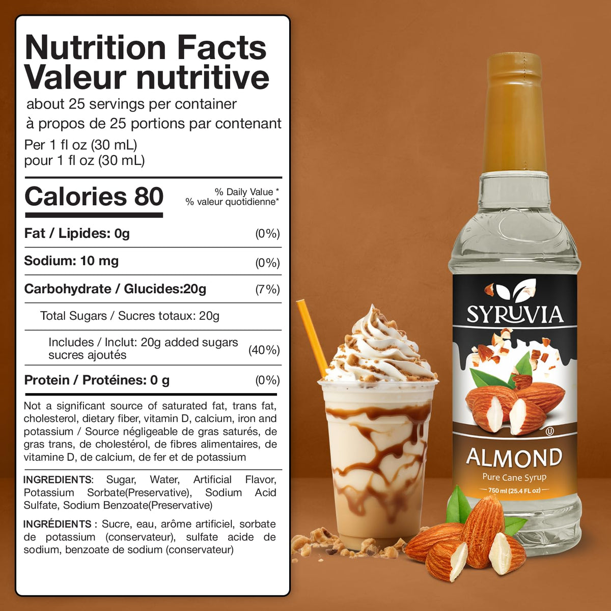 Syruvia Almond Coffee Syrup - 25.4 fl oz - Kosher Syrups, Gluten Free, No Coloring, Perfect for Drinks, Soda, Shakes, Desserts, and More.