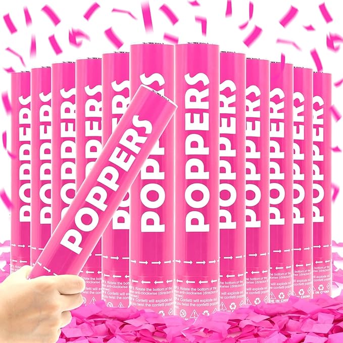 Confetti Cannon Pink 12 Pack Biodegradable Handheld Confetti Party Poppers for Weddings, Gender Reveals, Birthdays & Celebrations 12-Inch Twist Confetti Shooters for Party Fun