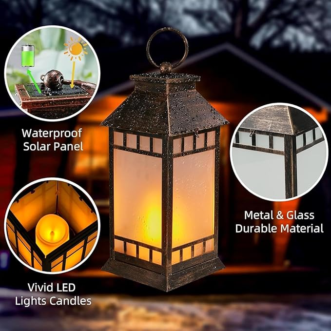 18'' Glass Solar Lantern Outdoor Waterproof, Large Hanging Solar Lanterns with Flickering Flame Lights, Metal Outdoor Lantern Decorative for Patio Garden Backyard Tabletop Mothers Day Gifts Mom