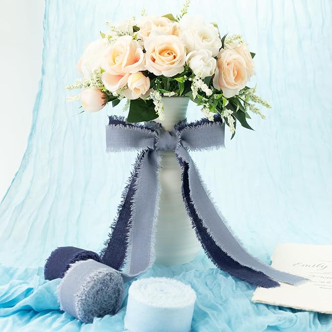 Dark Blue Cotton Ribbon 1 Inch Navy Blue, Dusty Blue & Baby Blue 3 Rolls 21 Yards Frayed Edge Fabric Set for Formal Wedding Decor, Graduation Party, Father's Day, Gift Wrapping & DIY Crafts