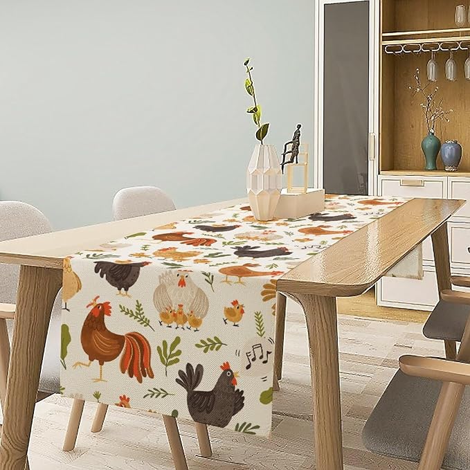 Cute Roosters Chickens Table Runners, Rustic Farm Animals Hen Table Runner for Farmhouse Wedding Coffee Dining Table Party Home 13x108in