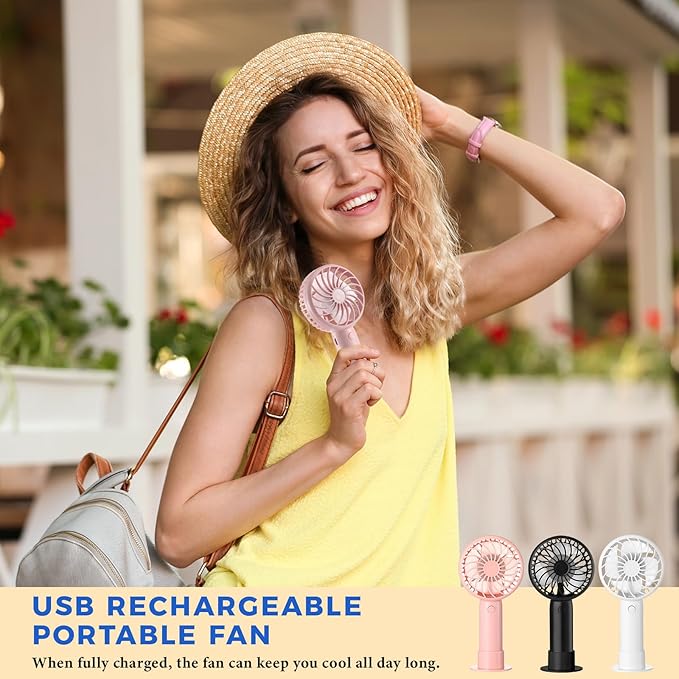 Tujoe 3 Pcs Mini Powerful Handheld Fan 3 Speed Personal Small Portable Rechargeable Fan with Base USB for Women Eyelash Makeup Office Travel Beach Indoor Outdoor (Multicolored)