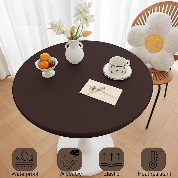 Round Fitted PU Tablecloth with High Elastic Edge 59 Inch Dia Waterproof Oil Proof Table Cloth Anti-Scald Stain-Resistant Wipeable Table Cover for Indoor Outdoor Picnic (Coffee,59" Dia)