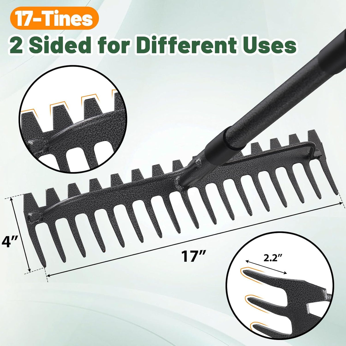 Garden Leaf Rake with 77 Inch Handle, Heavy Duty 17 Inch Wide Metal Garden Lawn Rake for Loosening Soil Raking Leaf Leveling Rocks Spreading Mulch