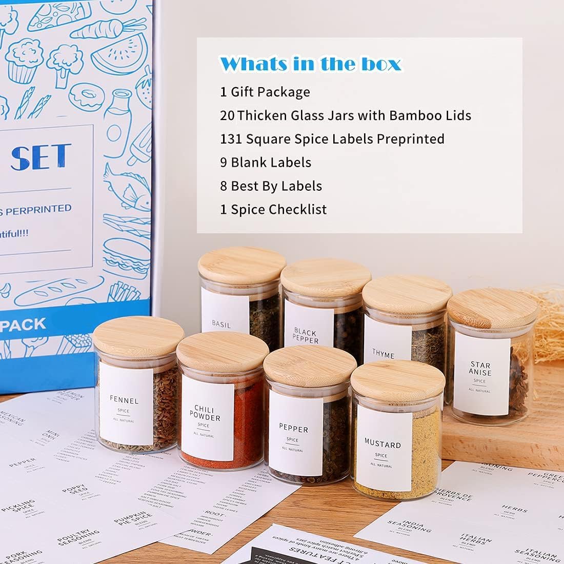 Glass Spice Jars with Bamboo Lids - 20 Pcs Thicken(2.4mm) 4oz Airtight Seasoning Containers with 131 Waterproof Minimalist Spice labels Preprinted
