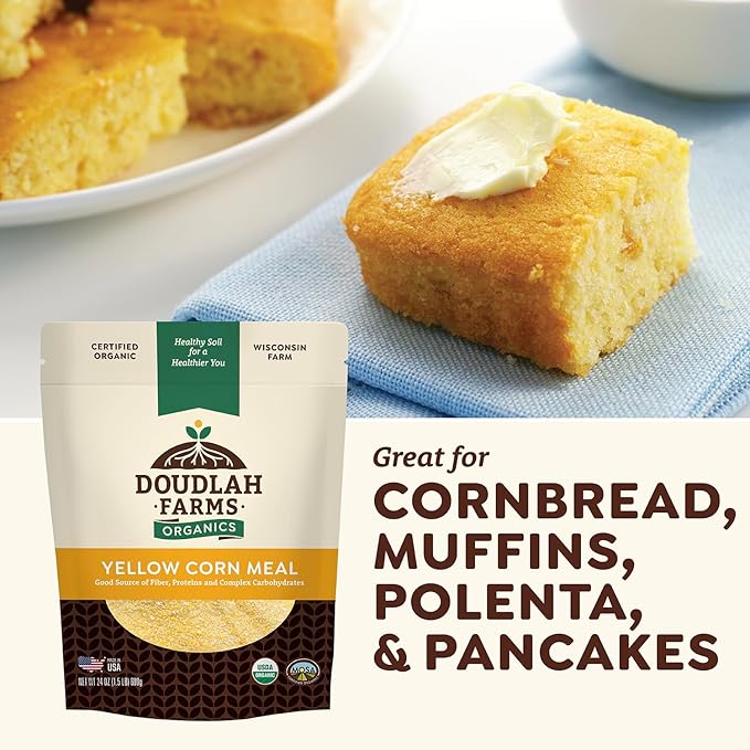 Organic Yellow Cornmeal 1.5 lb Fine Grind - Non-GMO, Gluten-Free, Sugar-Free, Farmed From Regenerative Soil, Vegan, Grown In USA