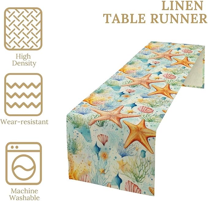 Starfish Conch Shell Table Runners, Season Coastal Marine Life Table Runners for Kitchen Dining Outdoor Home Party 13x108in