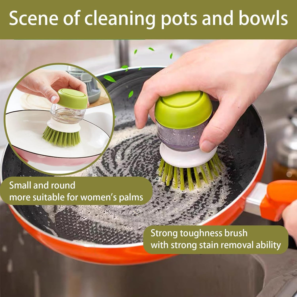 Soap Dispenser Dish Brush Palm Brush Scrub Brush Equipped with Storage Bracket and Drainage Base,Easy to Clean Kitchen Utensils and Sink