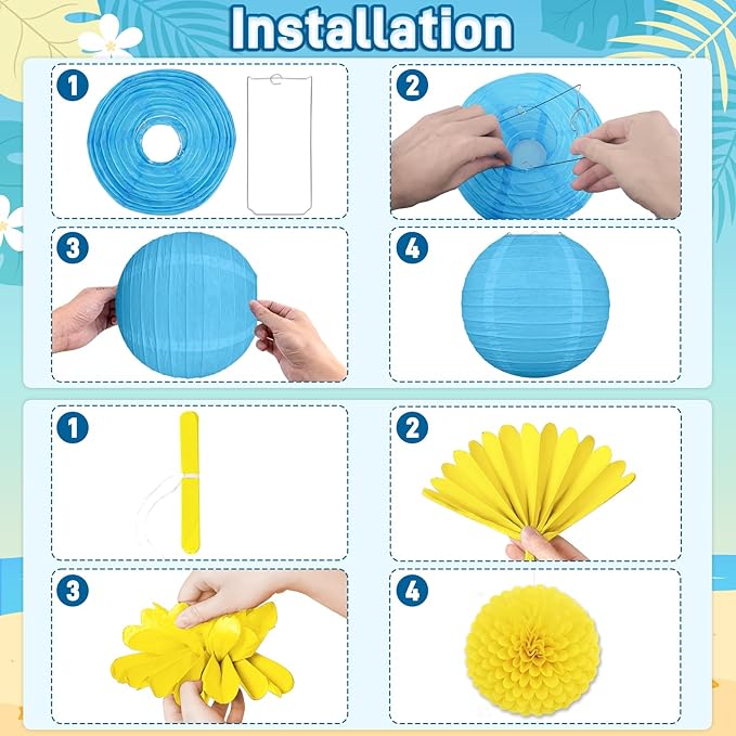 22pcs Summer Pool Party Decorations – Hanging Paper Fans, Beach Ball Lanterns, Pom Poms, Honeycomb for Hawaiian Luau Theme Birthday, Classroom, Outdoor Indoor Decor