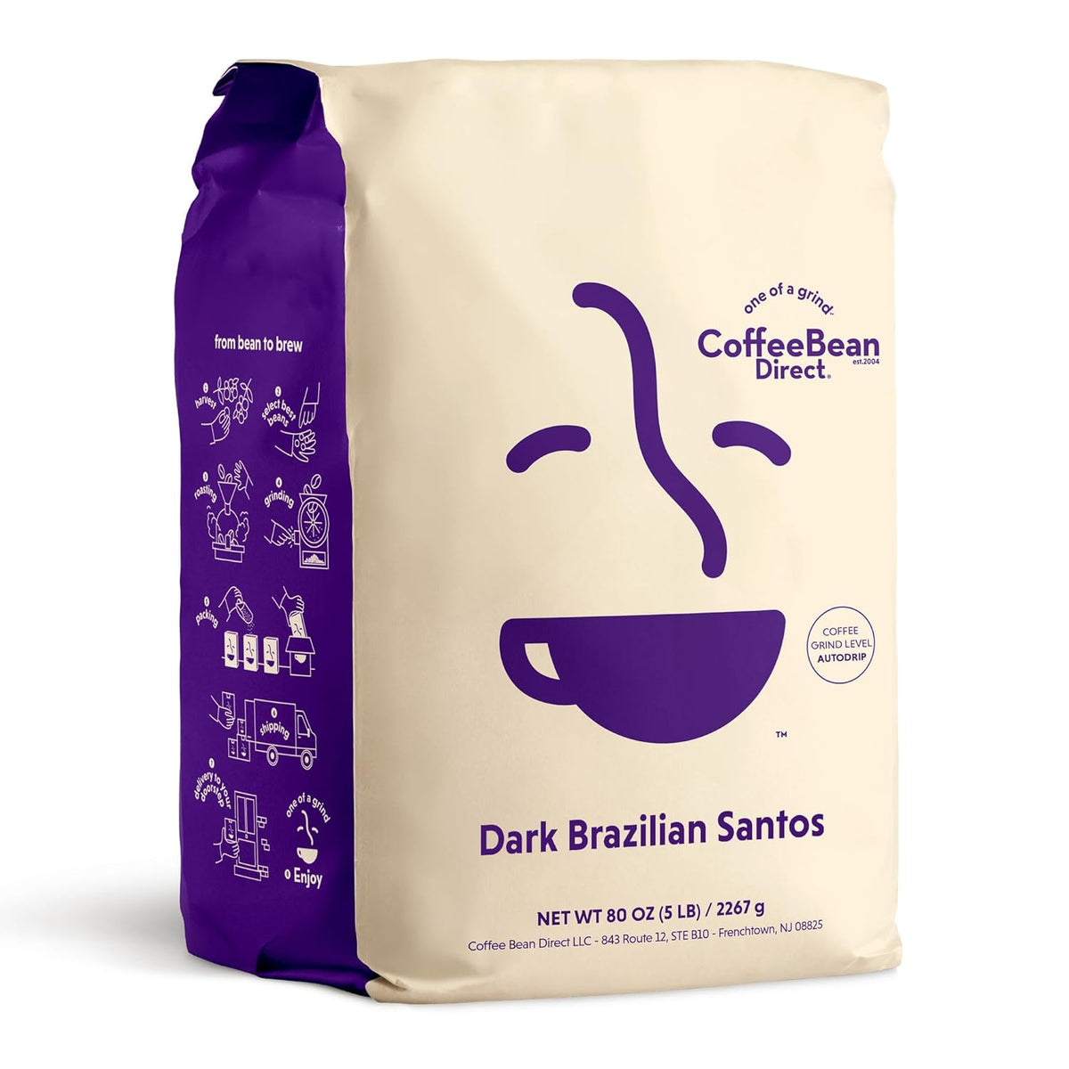 Coffee Bean Direct Dark Brazilian Santos, Ground Coffee, 5lb Bag | Dark Roast, Single Origin Arabica Coffee, Ground for Drip or Pour Over