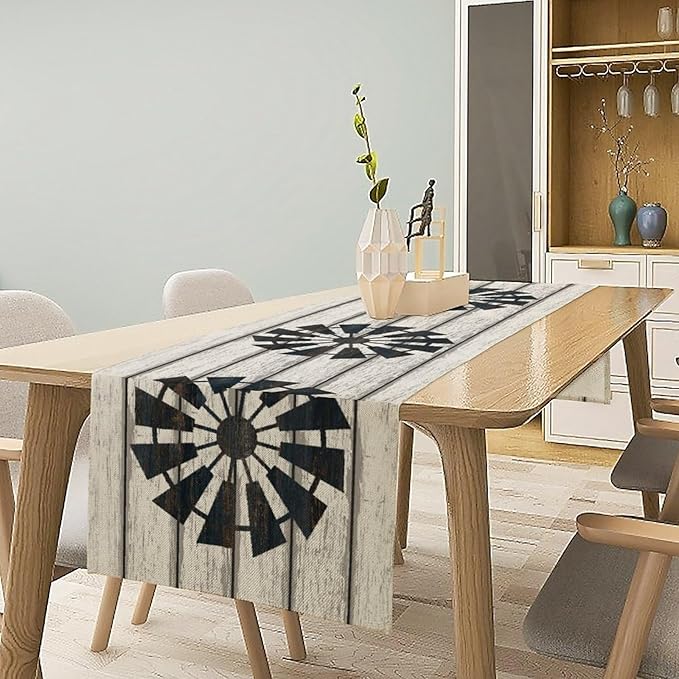 Retro Windmill Table Runner, Rustic Farmhouse Wood Grain Country Style Print Table Runner for Dinning Holiday Party Indoor Outdoor Decor, 13x60inch