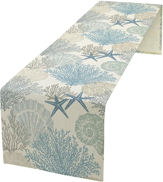 Blue Teal Coral Table Runners, Summer Beach Starfish Coastal Coffee Table Runners for Wedding Party Banquet Dining Holiday 13x70in