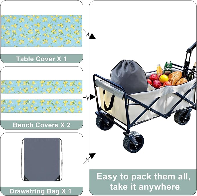 misaya Picnic Table Cover with Bench Cover, Waterproof Elastic Fitted Tablecloth for 5 Foot Tables, Rectangle Washable Polyester Fabric Tablecloths for Picnic, Camping, Outdoor (Lemon, 30" x 60")
