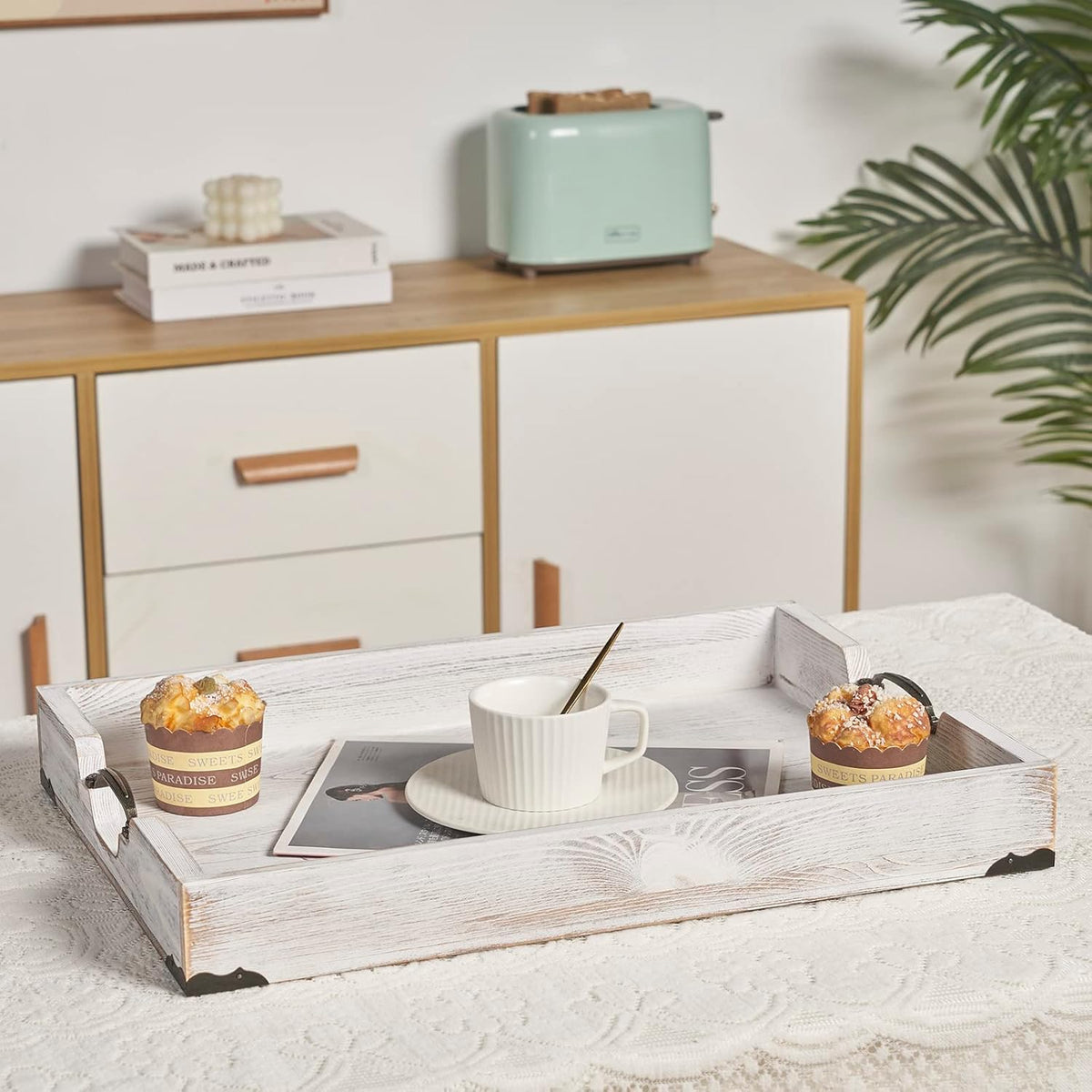 Large Wood Rectangular Serving Tray 20 x 14 Inch Rustic Wooden Ottoman Tray with Metal Handle and Wrapped Corners