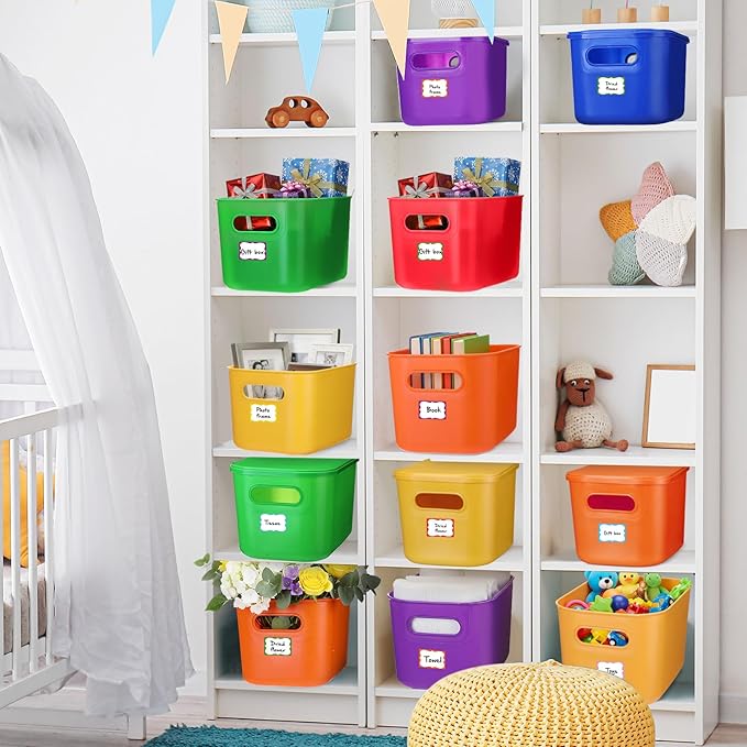 Thyle 24 Pack Vibrant Colorful Plastic Storage Bins with Lids 7 Quart Toy Storage Box Stackable Nestable Organizer Boxes with Handle and Labels for Classroom Shelf Bedroom Desktop Toys School Supplies