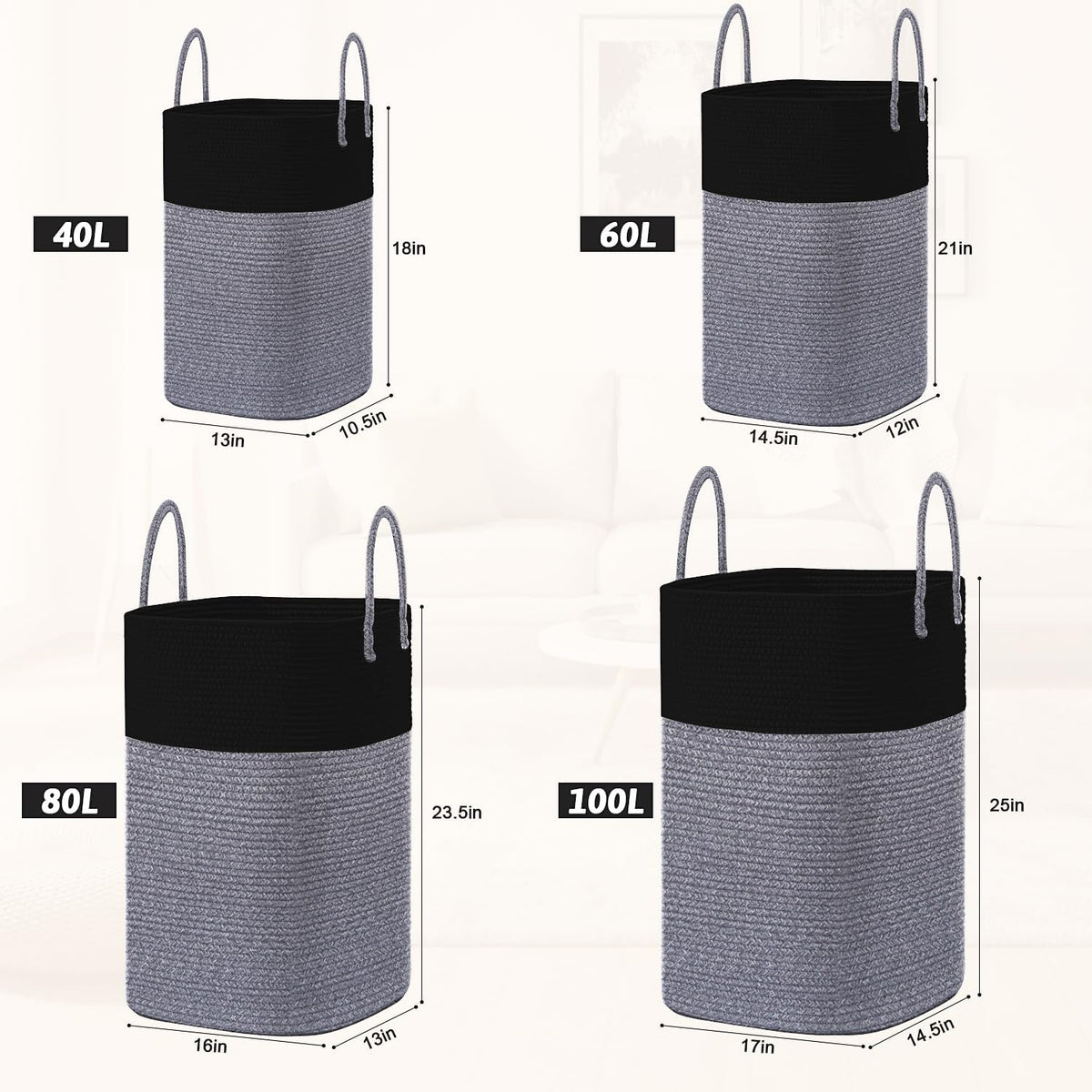 Laundry Basket,Woven Cotton Rope Laundry Hamper,Versatile Storage for Dirty Clothes,Baby Toys,and Blankets in Bathroom, Nursery,and Living Room (Black, 40L)
