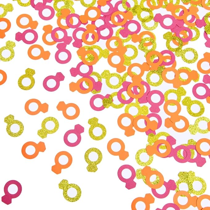 Hot Pink Orange and Gold Diamond Ring Confetti Table Decoration for Wedding Birthday Bachelor Bachelorette Groovy Party, 1.2 inch in Diameter, 200 Counts