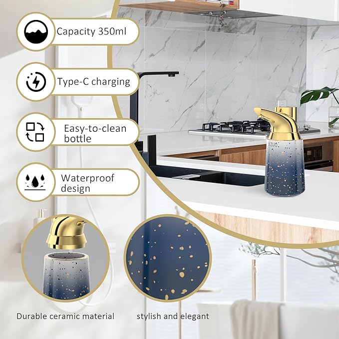 Automatic Soap Dispenser Touchless Ceramic Material Rechargeable Liquid 11.8oz/350ml Soap Bottle with Sensor Suitable for Bathroom & Kitchen