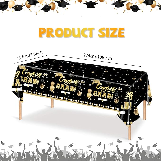 2Pcs Graduation Tablecloth, Graduation Decorations Black and Gold Class of 2026 Congrats Grad 54 x 108 inches Disposable Plastic Tablecloths for Graduation Party Decor Grad Plastic