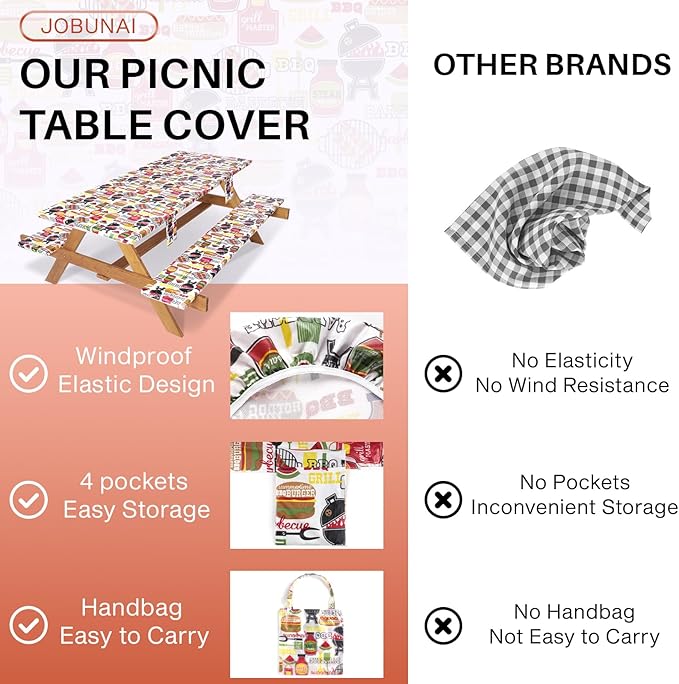 3 Piece Picnic Table Cover with Bench Covers Fitted Camping Table Cloths for 6Ft Tables Camper Travel Trailer Must Haves Motorhome Garden Tools Couple Wife Husband Boyfriend