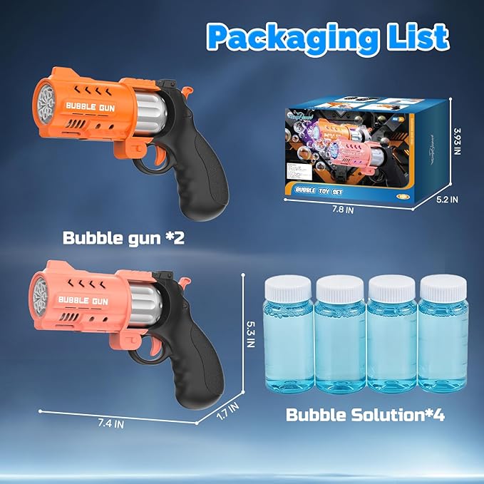 EagleStone 2 Pack Revolver Bubble Guns for Kids, Swing-Out Cylinder, 8000+ Bubbles/Min, LED Light Up, 4 Bubble Solution Bottles, Outdoor Indoor Toy, Birthday Easter Gifts for Toddlers