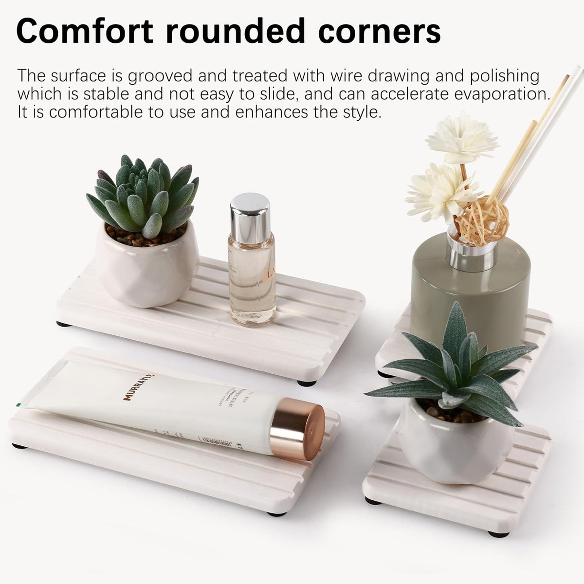 Set of 4 Bathroom Vanity Tray, Quick-Dry Diatomite Kitchen Tray with Non-Slip Pads | Water Absorbing Stone Used for Soap, Sponges, Cosmetics | Eco-Friendly Bath Sink Organizer