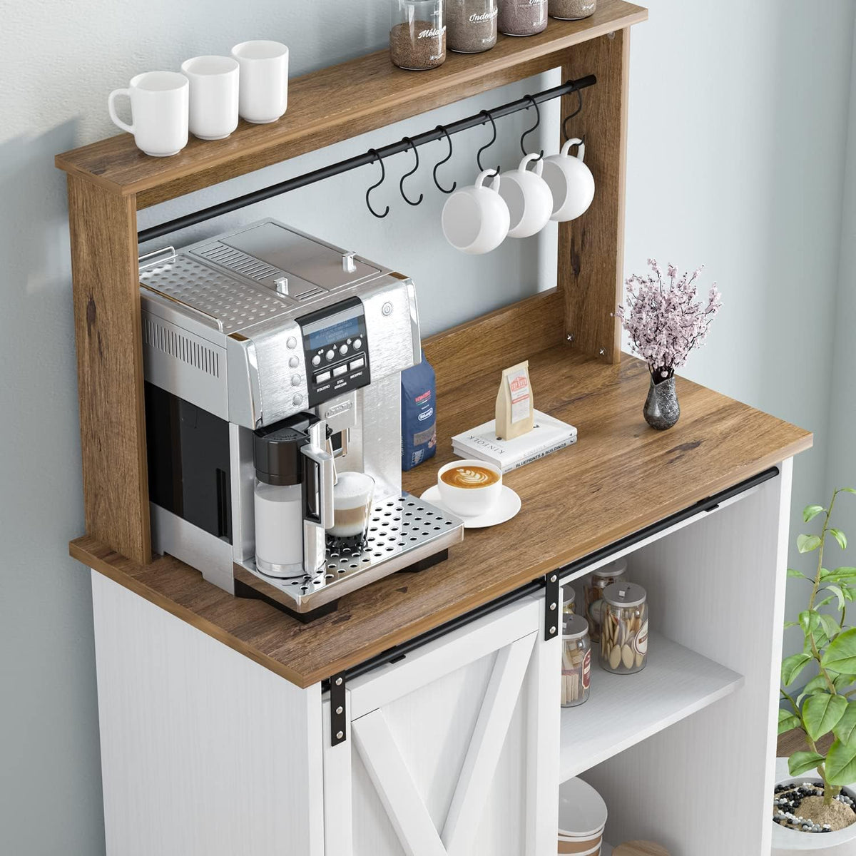 Farmhouse Coffee Bar with Hutch, White Coffee Bar Cabinet with Storage Sliding Barn Door, 31 Inch Buffet Cabinet with 6 Hooks