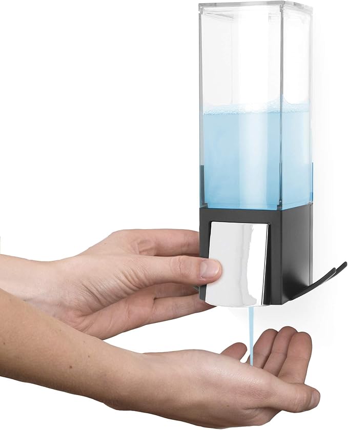Compactor Wall Mounted Single Soap Pump Dispenser, No Drilling Soap Bottle, 500 ml Capacity with 2 Storage Hooks, 12.1 x 12.1 x 20.6 cm, Durable ABS, Black/Chrome, RAN9654