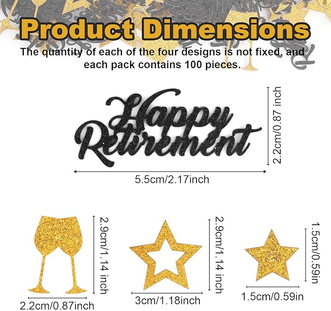 300pcs Happy Retirement Confetti, Black & Gold Table Confetti for Retirement Party Decorations Glitter Table Scatter for Farewell Party Decor Gifts Cake Centerpieces