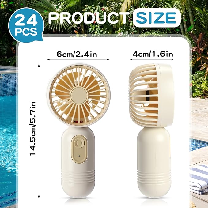 Rossesay 24 Pack Mini Portable Fan Bulk for Travel 3 Speeds, Rechargeable USB Battery Operated, Small Handheld Personal Eyelash Fans for Women Men Indoor Outdoor (White Beige)