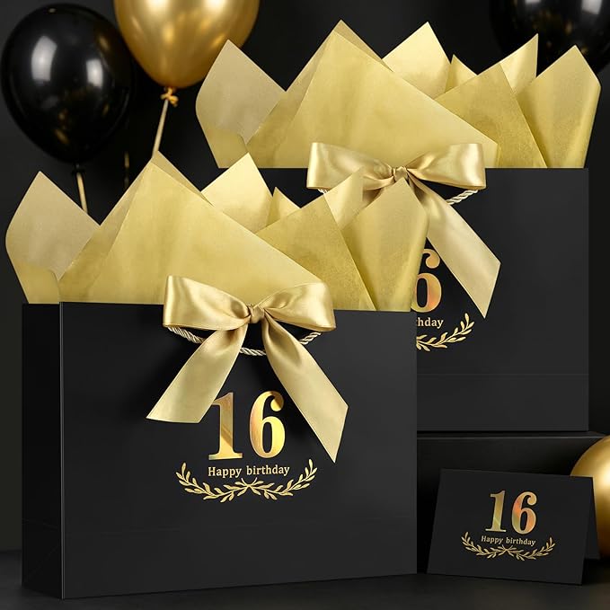 JMANNI Black Gold 16th Birthday Gift Bag with Card and Tissue Paper, 14.2"×9.84"×4.3" Large Present Bag for Teens, 16 Year Old Birthday Keepsake Party Supplies