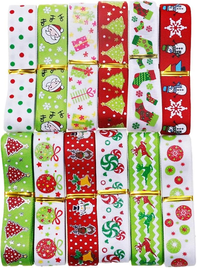 Christmas Ribbons for Gift 24 Yards 7/8" Grosgrain Fabric Ribbon for Xmas Day Party Decor Holiday Box Gift Wrapping Hair Bow Accessories DIY Festival Christmas Tree Ribbon (12Colors x 2Yds Each)