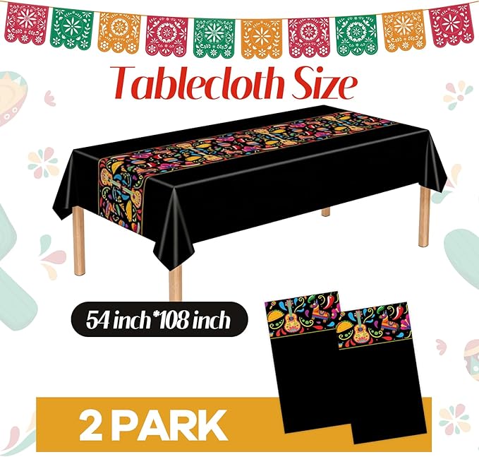2 Pack Mexican Fiesta Party Tablecloth Decorations, 54 x 108 Inch Cinco De Mayo Table Cloth Disposable Plastic Table Cover for Fiesta Taco Night Birthday and Mexican Themed Party Supplies