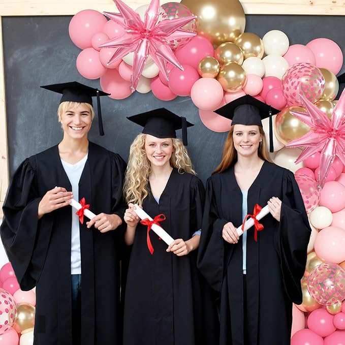 Ouddy Life 142pcs Pink Balloon Garland Arch Kit, Pink and Gold White Balloons with Graduation Decorations Class of 2026 Confetti Star Foil for College Birthday Congrats Grad Baby Shower Wedding Party