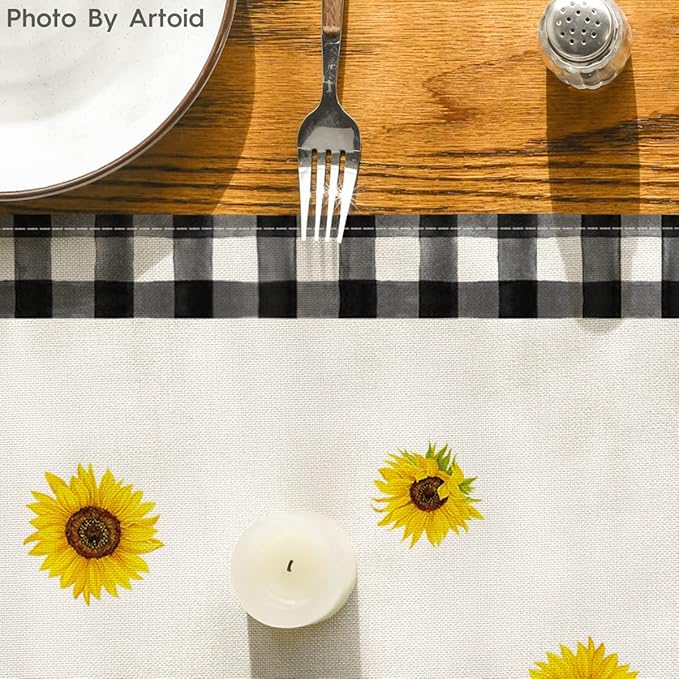 Artoid Mode Buffalo Plaid Sunflower Vase Sunshine Summer Table Runner, Spring Kitchen Dining Table Decoration for Home Party Decor 13x72 Inch